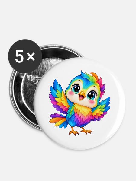 Kawaii Mehrfarbige Vogel - Buttons groß 56 mm (5er Pack) - Weiß