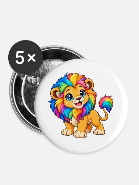 Kawaii Mehrfarbiger Regenbogenlöwe - Buttons groß 56 mm (5er Pack) - Weiß