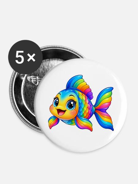 Kawaii Mehrfarbiger Fisch - Buttons groß 56 mm (5er Pack) - Weiß