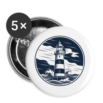 Leuchtturm Kreisbadge mit Wellen - Buttons groß 56 mm (5er Pack) - Weiß - Vorne