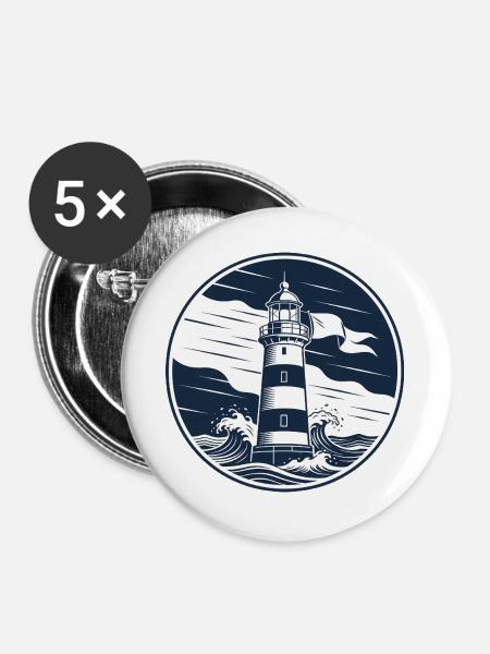 Leuchtturm Kreisbadge mit Wellen - Buttons groß 56 mm (5er Pack) - Weiß