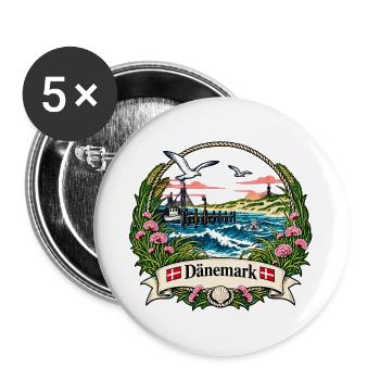 Dänemark Küstenlogo mit Möwen - Buttons groß 56 mm (5er Pack) - Weiß - Vorne