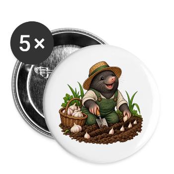 Maulwurf pflanzt Knoblauch - Buttons groß 56 mm (5er Pack) - Weiß - Vorne