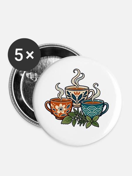 Teerunde – Drei Tassen, viele Gespräche - Buttons groß 56 mm (5er Pack) - Weiß