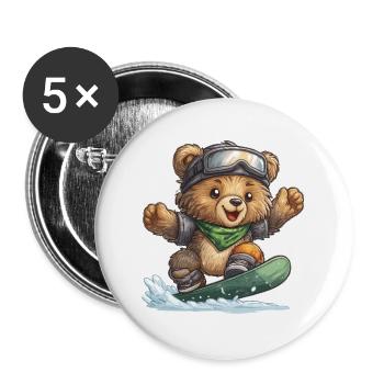 Bär auf Snowboard – Abenteuerzeit - Buttons groß 56 mm (5er Pack) - Weiß - Vorne