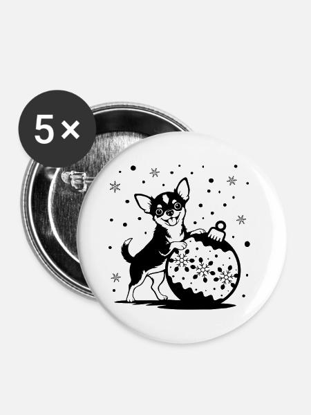 Süßer Weihnachts-Chihuahua mit Kugel - Buttons groß 56 mm (5er Pack) - Weiß