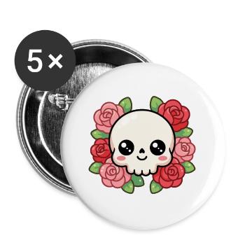 Niedlicher Kawaii-Schädel, umgeben von leuchtenden Rosen - Buttons groß 56 mm (5er Pack) - Weiß - Vorne