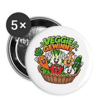 Veggie Gewinn Gemüsekorb Cartoon - Buttons groß 56 mm (5er Pack) - Weiß - Vorne