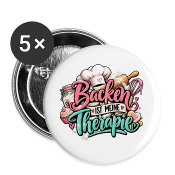 Backen ist meine Therapie – Backliebe Geschenk  - Buttons groß 56 mm (5er Pack) - Weiß - Vorne
