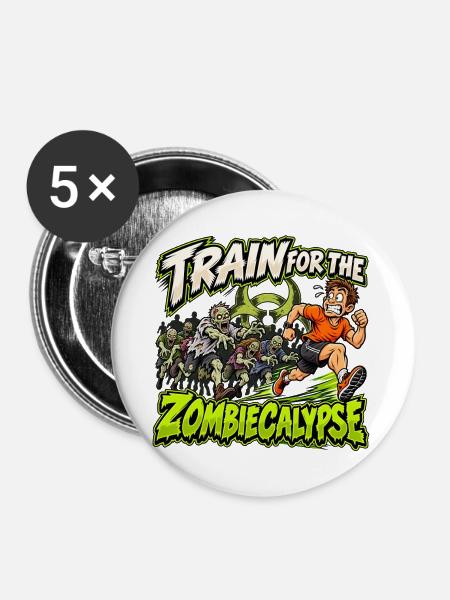 Zombiecalypse – Lauftraining mit Zombiehorde - Buttons groß 56 mm (5er Pack) - Weiß