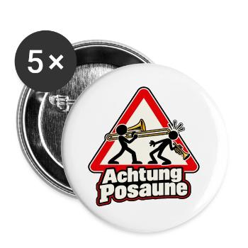 Achtung Posaune – Warnschild mit Musikerhumor - Buttons groß 56 mm (5er Pack) - Weiß - Vorne