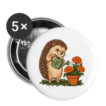 Igel beim Gärtnern - Buttons groß 56 mm (5er Pack) - Weiß - Vorne