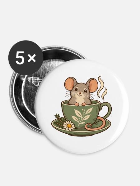 Maus in der Teetasse - Buttons groß 56 mm (5er Pack) - Weiß