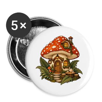 Pilzteehaus – Gemütliches Waldhaus - Buttons groß 56 mm (5er Pack) - Weiß - Vorne