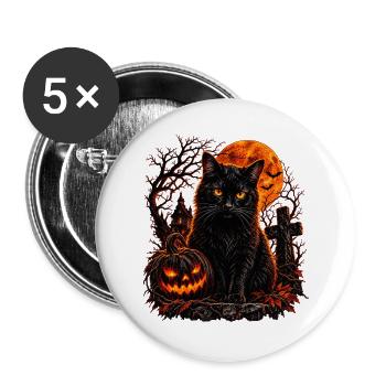 Schwarze Katze in Halloween-Szenerie - Buttons groß 56 mm (5er Pack) - Weiß - Vorne