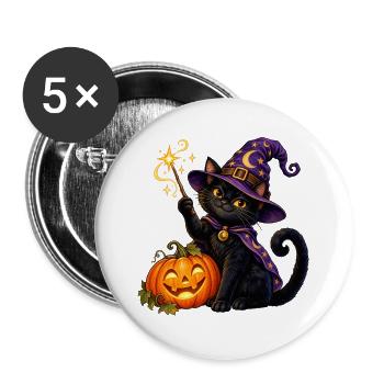 Halloween-Zaubererkatze - Buttons groß 56 mm (5er Pack) - Weiß - Vorne