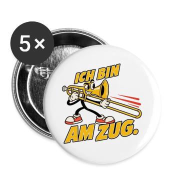 Ich bin am Zug – Lustiges Posaunen-Maskottchen - Buttons groß 56 mm (5er Pack) - Weiß - Vorne