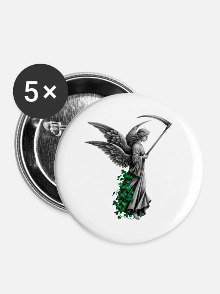 Engel Statue mit Sense und Efeu - Buttons groß 56 mm (5er Pack) - Weiß
