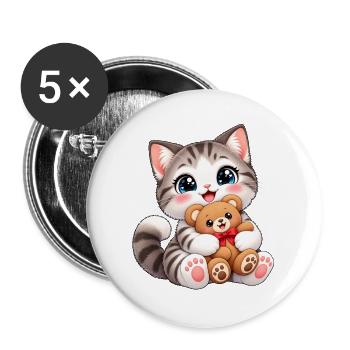 Kawaii-Katze mit Teddybär - Buttons groß 56 mm (5er Pack) - Weiß - Vorne