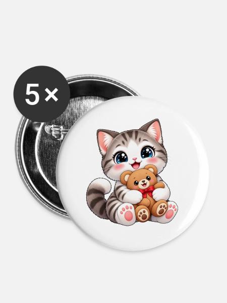 Kawaii-Katze mit Teddybär - Buttons groß 56 mm (5er Pack) - Weiß