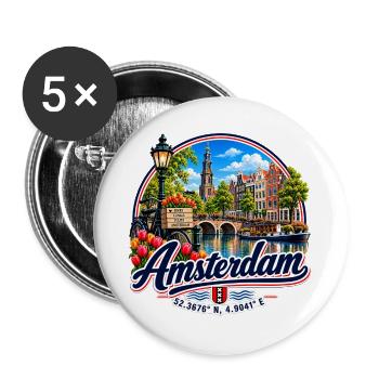 Amsterdam - Niederlande - Nederland - Holland - Buttons groß 56 mm (5er Pack) - Weiß - Vorne