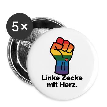 LINKE ZECKE MIT HERZ, ANTIFASCHISMUS, GEGEN RECHTS - Buttons groß 56 mm (5er Pack) - Weiß - Vorne