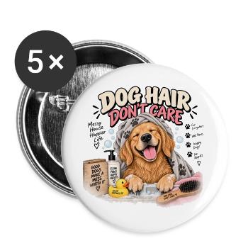 Hundehaare, Bad & Freude in der Badewanne - Buttons groß 56 mm (5er Pack) - Weiß - Vorne
