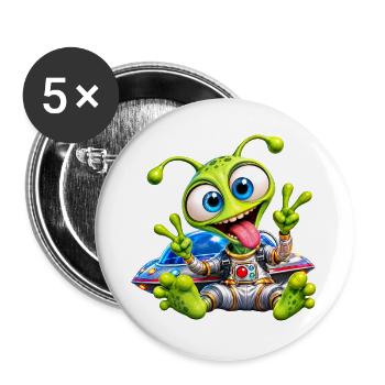 Niedlicher, lustiger Alien – Verrückter grüner Weltraum-Charakter - Buttons groß 56 mm (5er Pack) - Weiß - Vorne