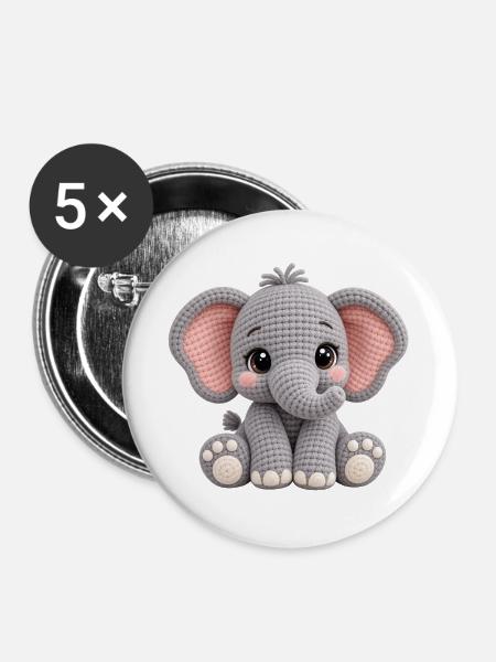 Kuscheltier Elefant Amigurumi Grau - Buttons groß 56 mm (5er Pack) - Weiß