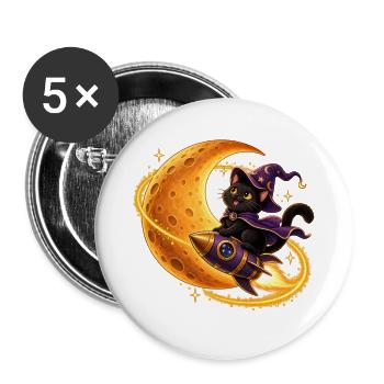 Zauberer-Katzen-Rakete - Buttons groß 56 mm (5er Pack) - Weiß - Vorne