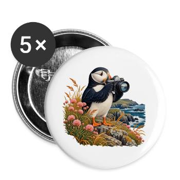 Papageitaucher mit Analogkamera - Buttons groß 56 mm (5er Pack) - Weiß - Vorne