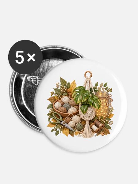 Herbstmakramee mit Garnknäueln und Blätter - Buttons groß 56 mm (5er Pack) - Weiß