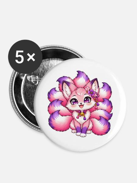 Neunschwänziger Fuchs Kawaii Pink - Buttons groß 56 mm (5er Pack) - Weiß