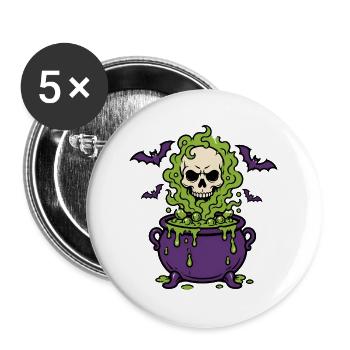 Halloween Hexenkessel Totenkopf Dampf Shirt - Buttons groß 56 mm (5er Pack) - Weiß - Vorne