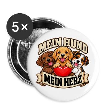 Mein Hund Mein Herz – Hundeliebe - Buttons groß 56 mm (5er Pack) - Weiß - Vorne