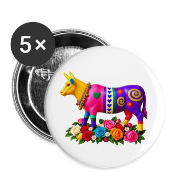 Bunter Stier mit Blumen - Buttons groß 56 mm (5er Pack) - Weiß - Vorne