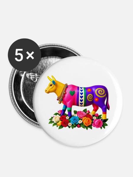 Bunter Stier mit Blumen - Buttons groß 56 mm (5er Pack) - Weiß