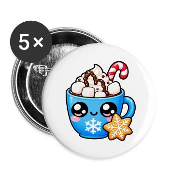 Kawaii Heiße Schokolade und Marshmallows-Tasse - Buttons groß 56 mm (5er Pack) - Weiß - Vorne