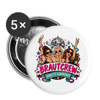 Brautcrew – Konfetti Kommando - Buttons groß 56 mm (5er Pack) - Weiß - Vorne