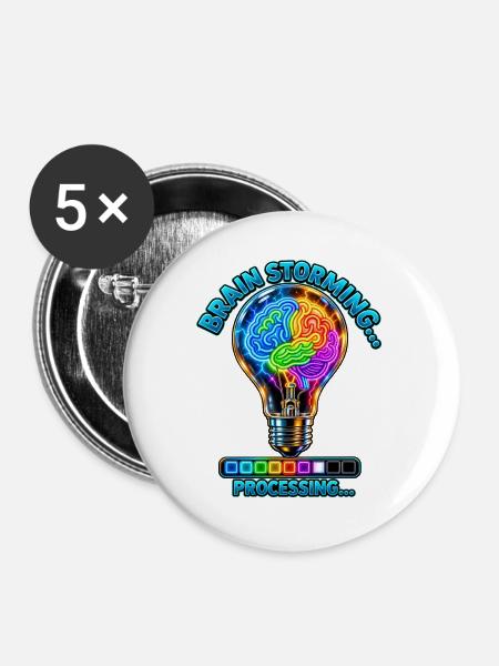 Neon Gehirnstorm Verarbeitung - Buttons groß 56 mm (5er Pack) - Weiß