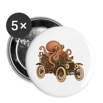 Oktopus Steampunk Auto Abenteuer - Buttons groß 56 mm (5er Pack) - Weiß - Vorne
