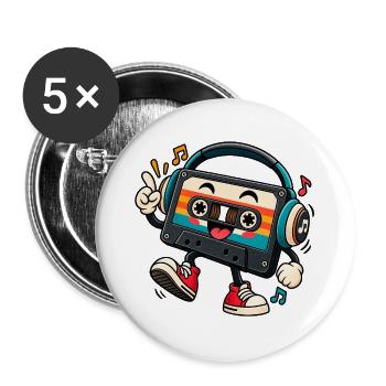 Retro Kassette mit Kopfhörern - Buttons groß 56 mm (5er Pack) - Weiß - Vorne
