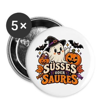 Süßes oder Saures Halloween Geist Kürbis Design - Buttons groß 56 mm (5er Pack) - Weiß - Vorne
