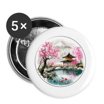 Japanischer Teich im Kirschblüten-Pavillon - Buttons groß 56 mm (5er Pack) - Weiß - Vorne