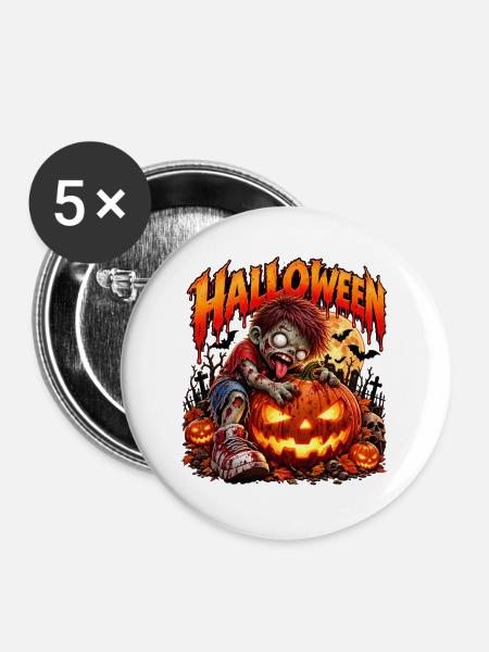 Zombie-Kind am Halloween-Pumpkin - Buttons groß 56 mm (5er Pack) - Weiß