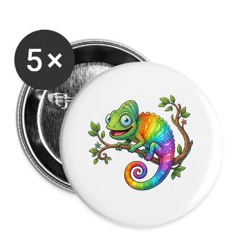 Regenbogen-Chamäleon auf Ast - Buttons groß 56 mm (5er Pack) - Weiß - Vorne