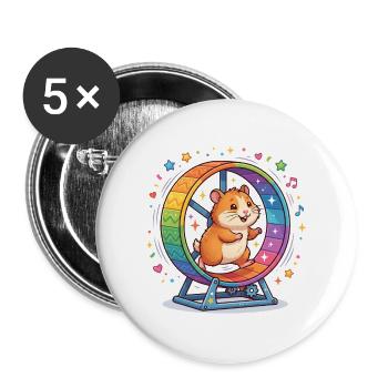 Regenbogenhamster im bunten Rad - Buttons groß 56 mm (5er Pack) - Weiß - Vorne