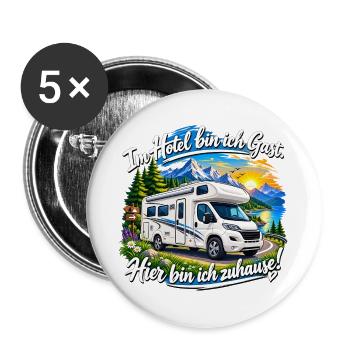 Wohnmobil , Camping Kult , Reisemobil Hotel - Buttons groß 56 mm (5er Pack) - Weiß - Vorne