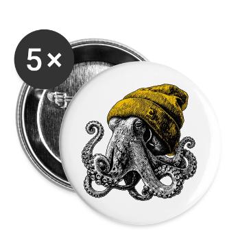 Oktopus im Wollmütz-Look - Buttons groß 56 mm (5er Pack) - Weiß - Vorne