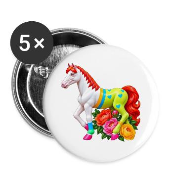 Niedliches Märchenpferd auf einer Blumenwiese - Buttons groß 56 mm (5er Pack) - Weiß - Vorne